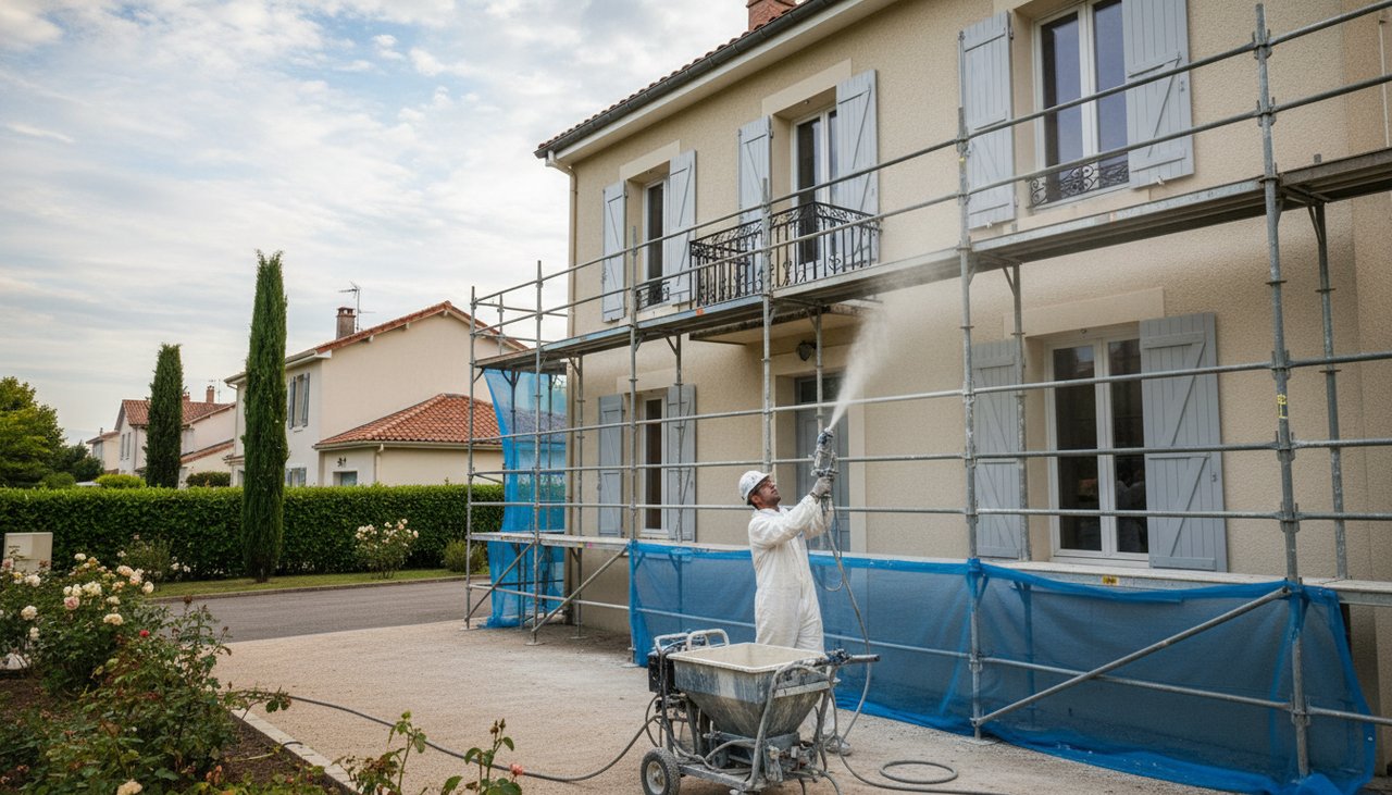 Échafaudage de façade avec artisan appliquant un enduit crépi sur maison individuelle à l'étage