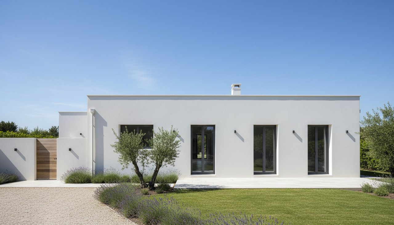 Façade de maison avec crépis extérieur blanc fraîchement appliqué