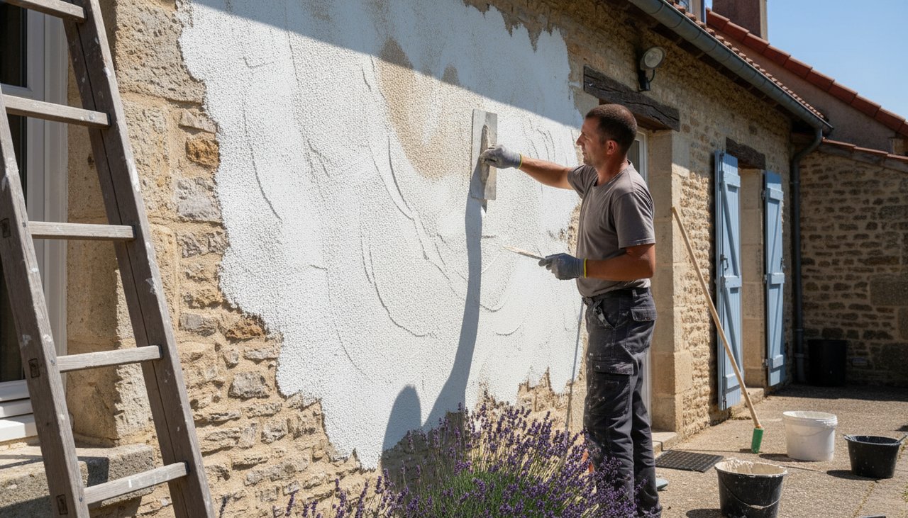 Façade de maison individuelle avec enduit crépi blanc appliqué à la machine, finition lisse