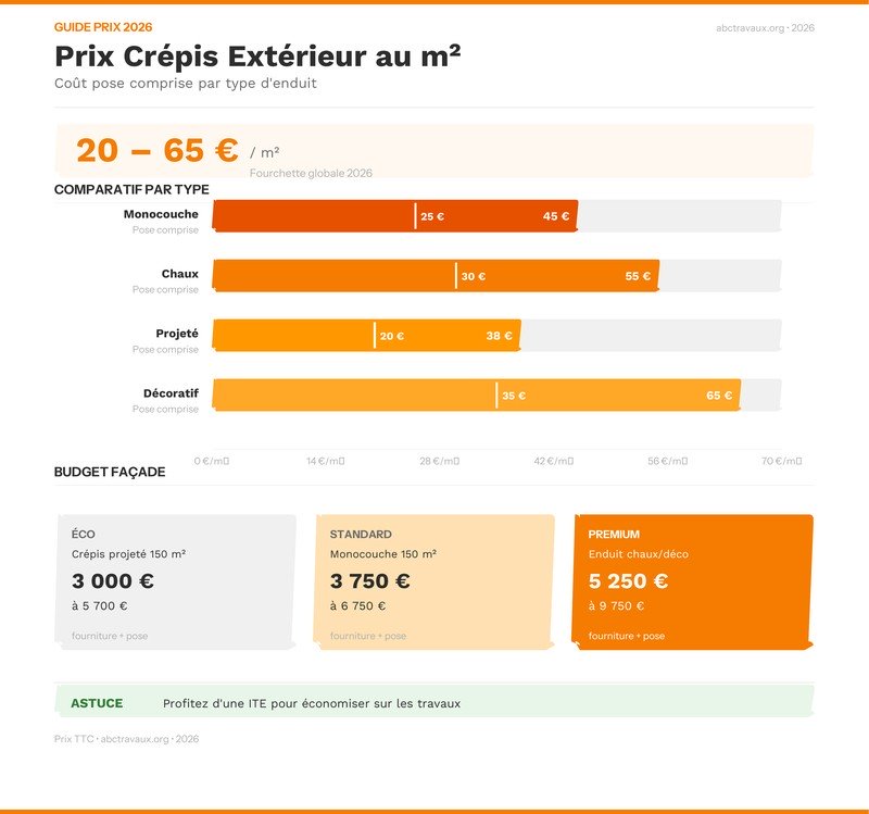 Infographie : Prix crépis extérieur au m² par type de façade 2026