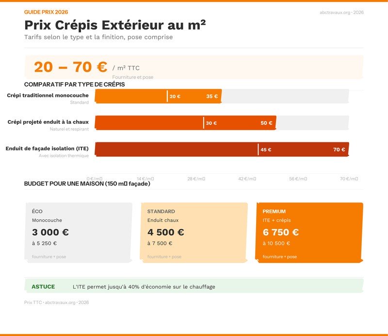 Infographie prix crépis extérieur au m2 selon le type, comparatif 2026