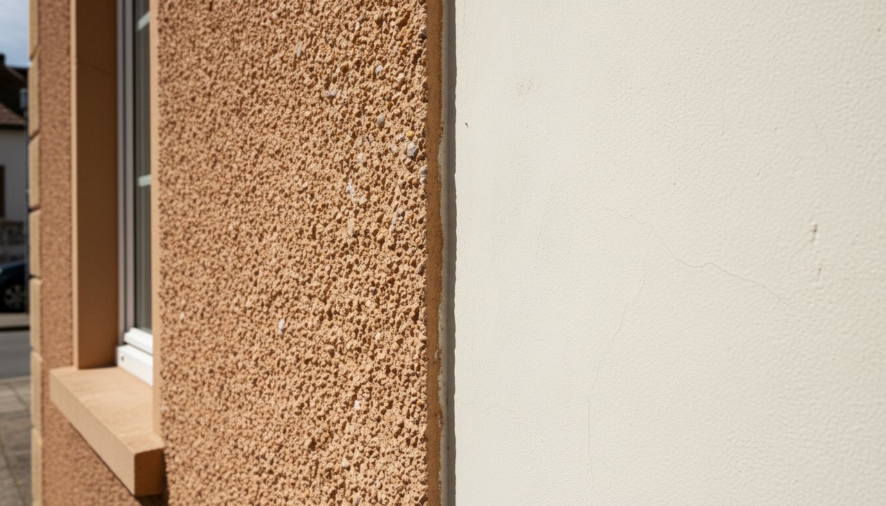 Comparaison entre une façade avec enduit monocouche gratté et une façade à la chaux