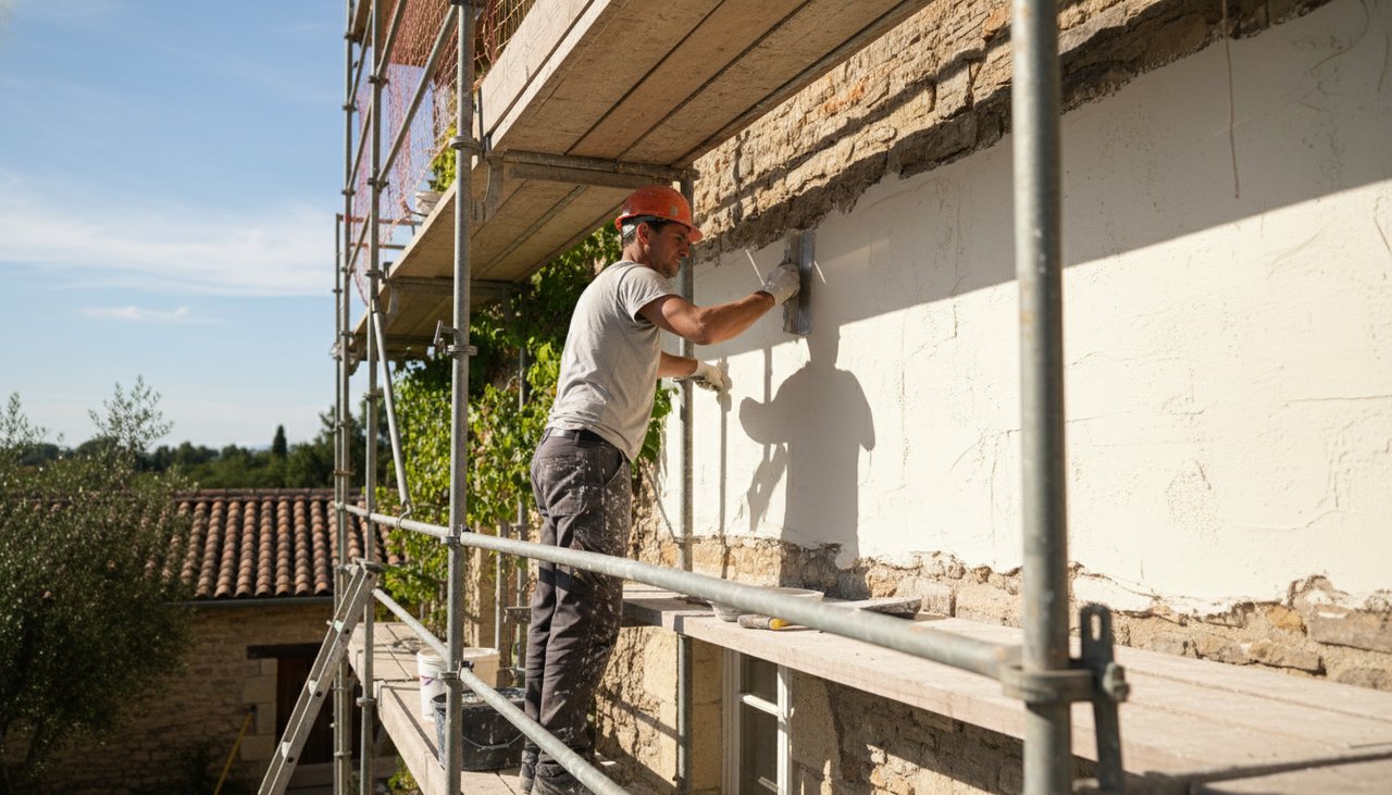 Façade de maison en cours d'enduisage par un artisan peintre-façadier