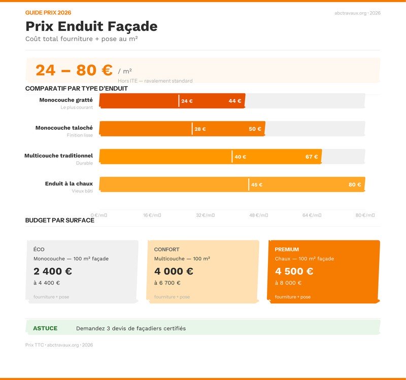 Infographie comparatif prix enduit façade monocouche vs multicouche vs chaux 2026