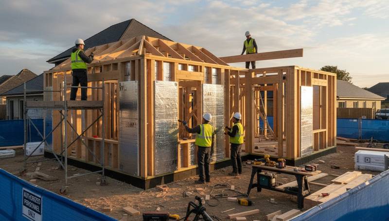 Chantier d'extension de maison en ossature bois avec isolation visible
