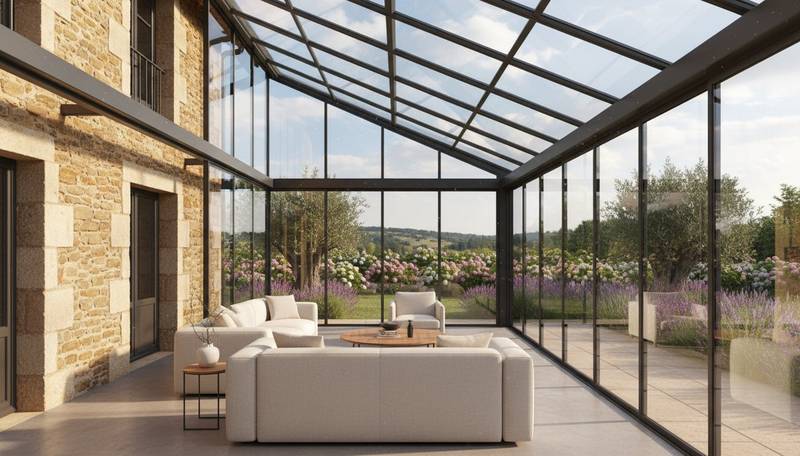 Véranda moderne en aluminium avec toit vitré sur terrasse de maison