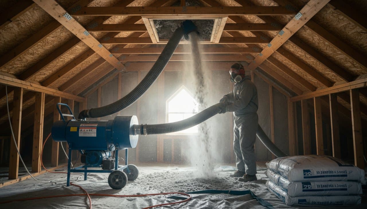 Machine de soufflage d'isolant en laine minérale dans des combles perdus