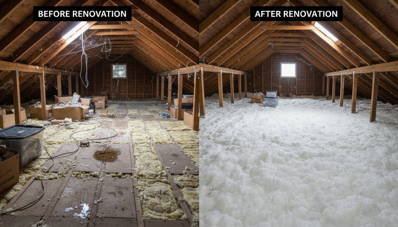 Combles perdus après isolation, laine minérale bien répartie sur le plancher