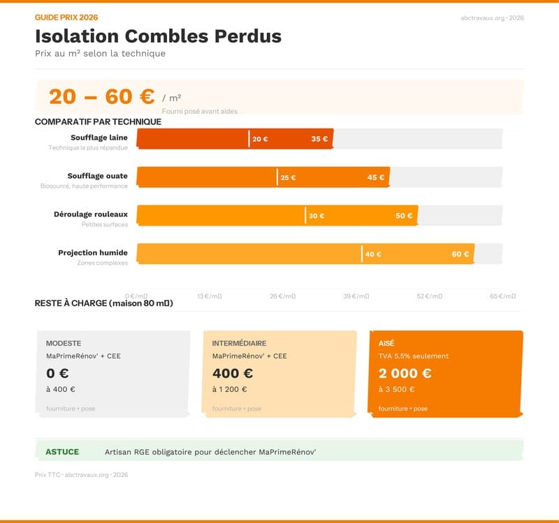Infographie : prix isolation combles perdus au m² et aides disponibles 2026