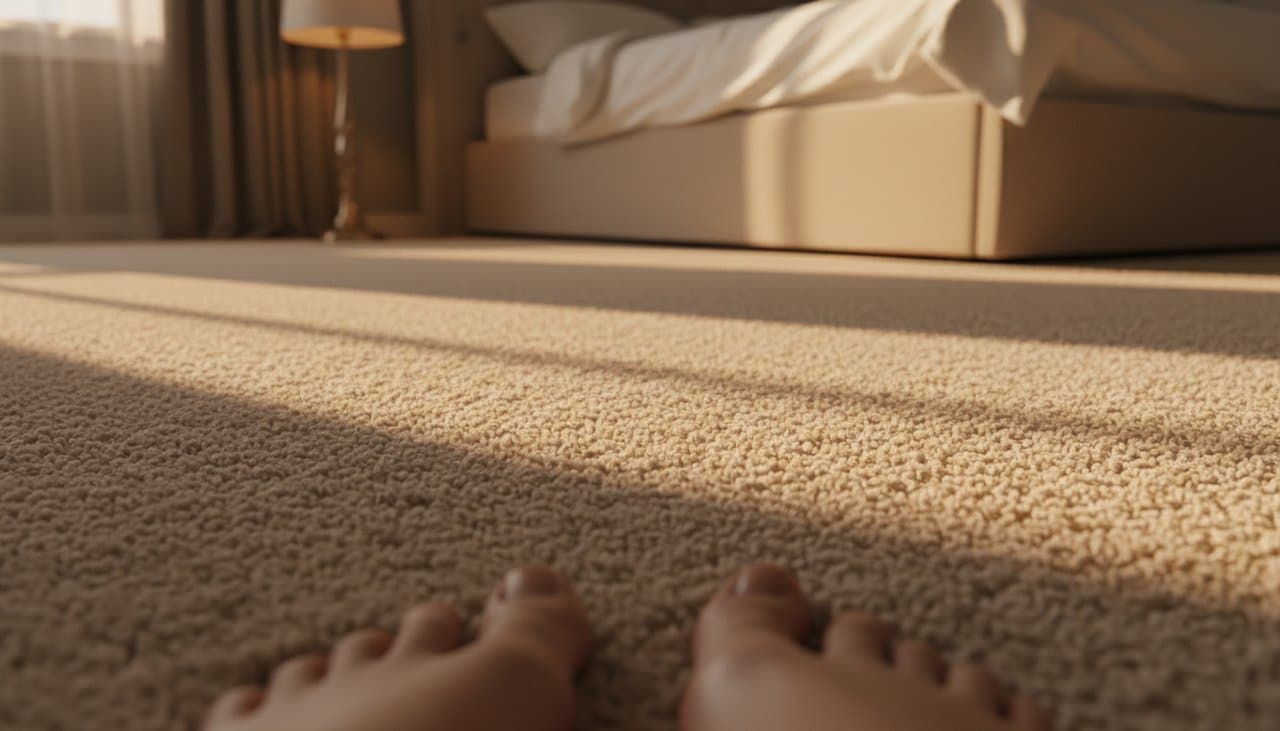 Gros plan sur la texture d'une moquette velours beige épaisse et confortable