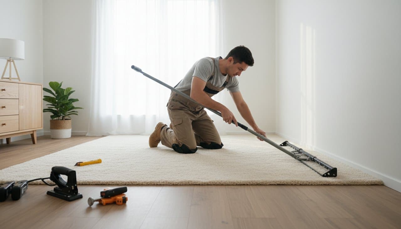 Poseur professionnel déroulant une moquette velours dans une chambre lumineuse