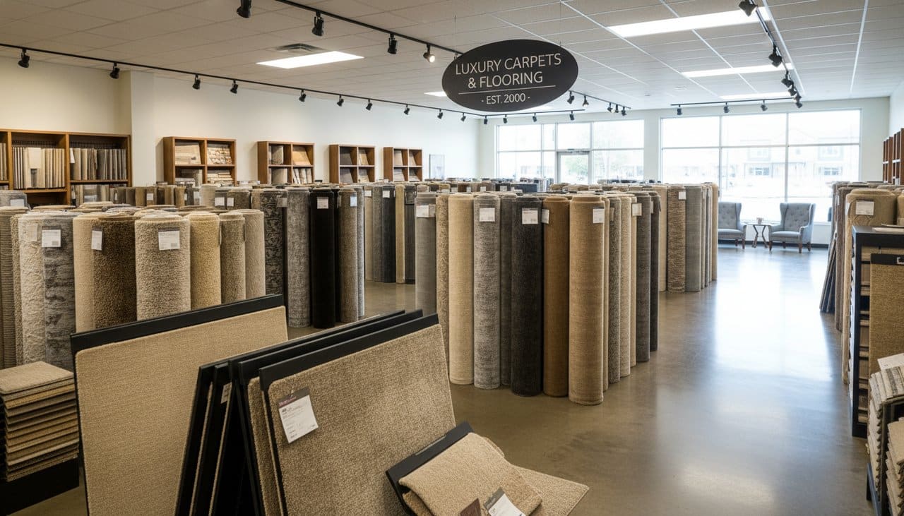 Rouleaux de moquette de différentes couleurs dans un showroom de revêtements de sol