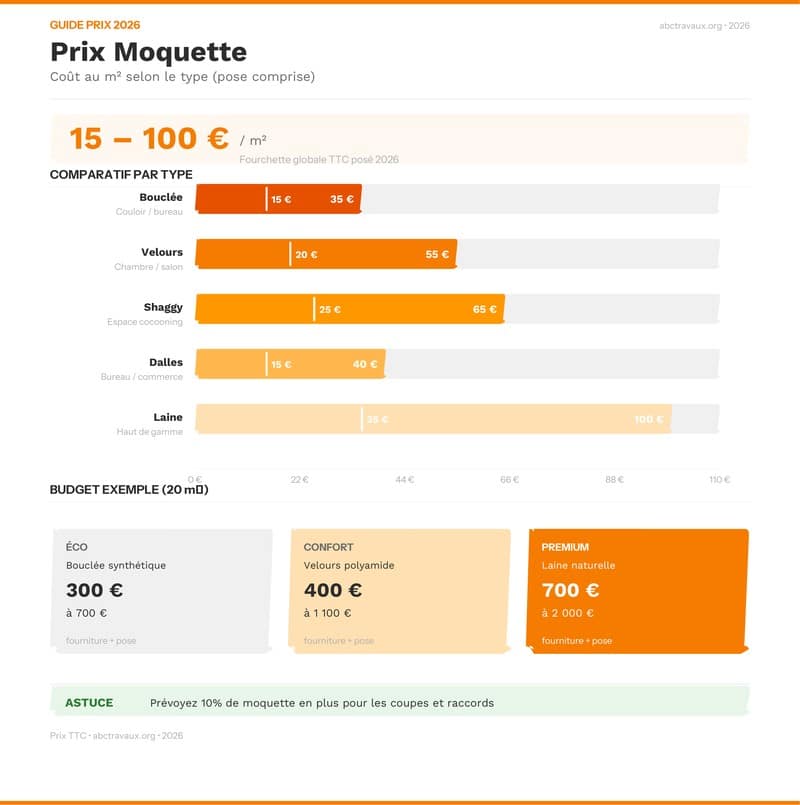 Infographie : prix de la moquette au m² par type en 2026