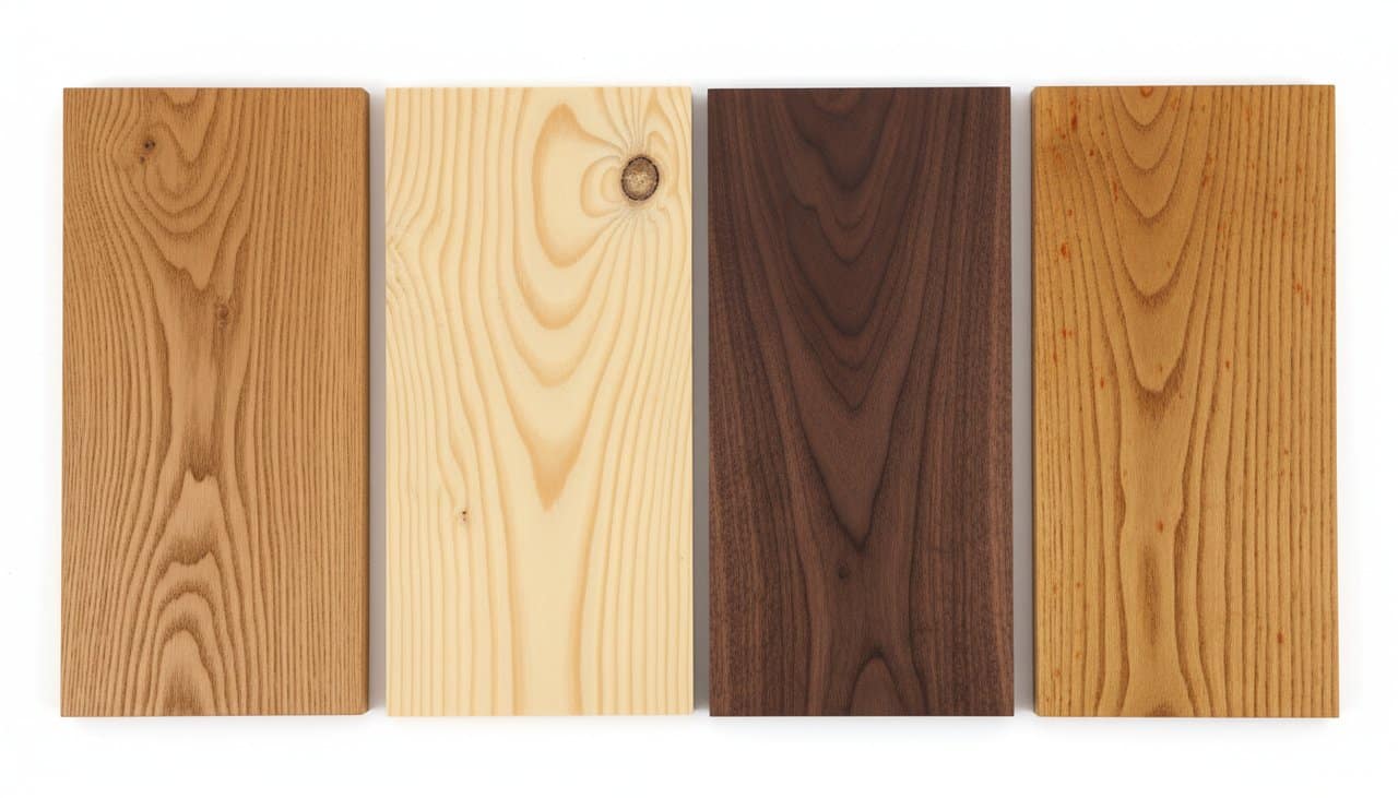 Différentes essences de parquet massif : chêne, pin, teck et noyer côte à côte