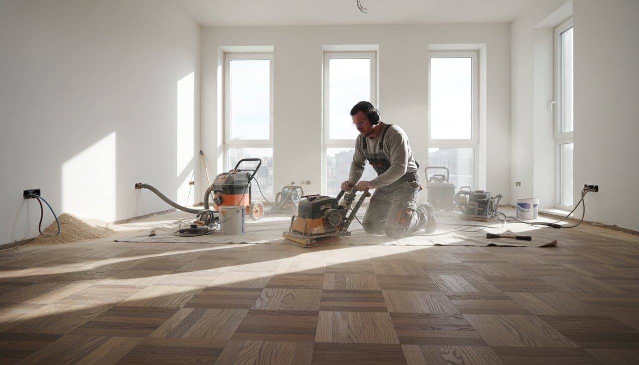Parqueteur professionnel en train de poncer un parquet massif en chêne