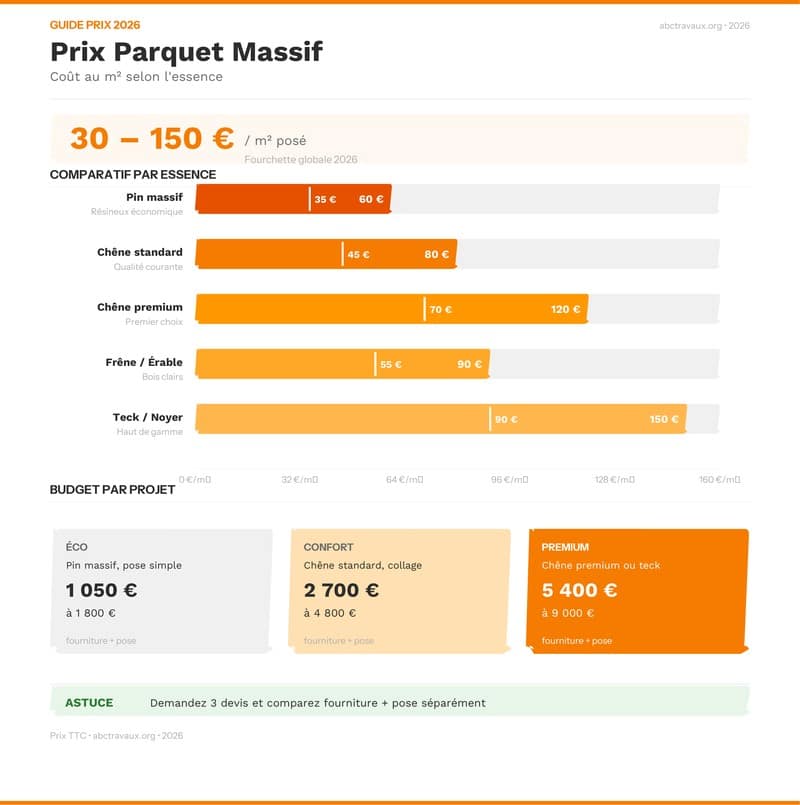 Infographie : prix parquet massif au m² selon l'essence et la pose