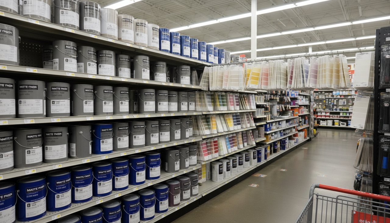 Pots de peinture intérieure de différentes couleurs et finitions sur fond blanc