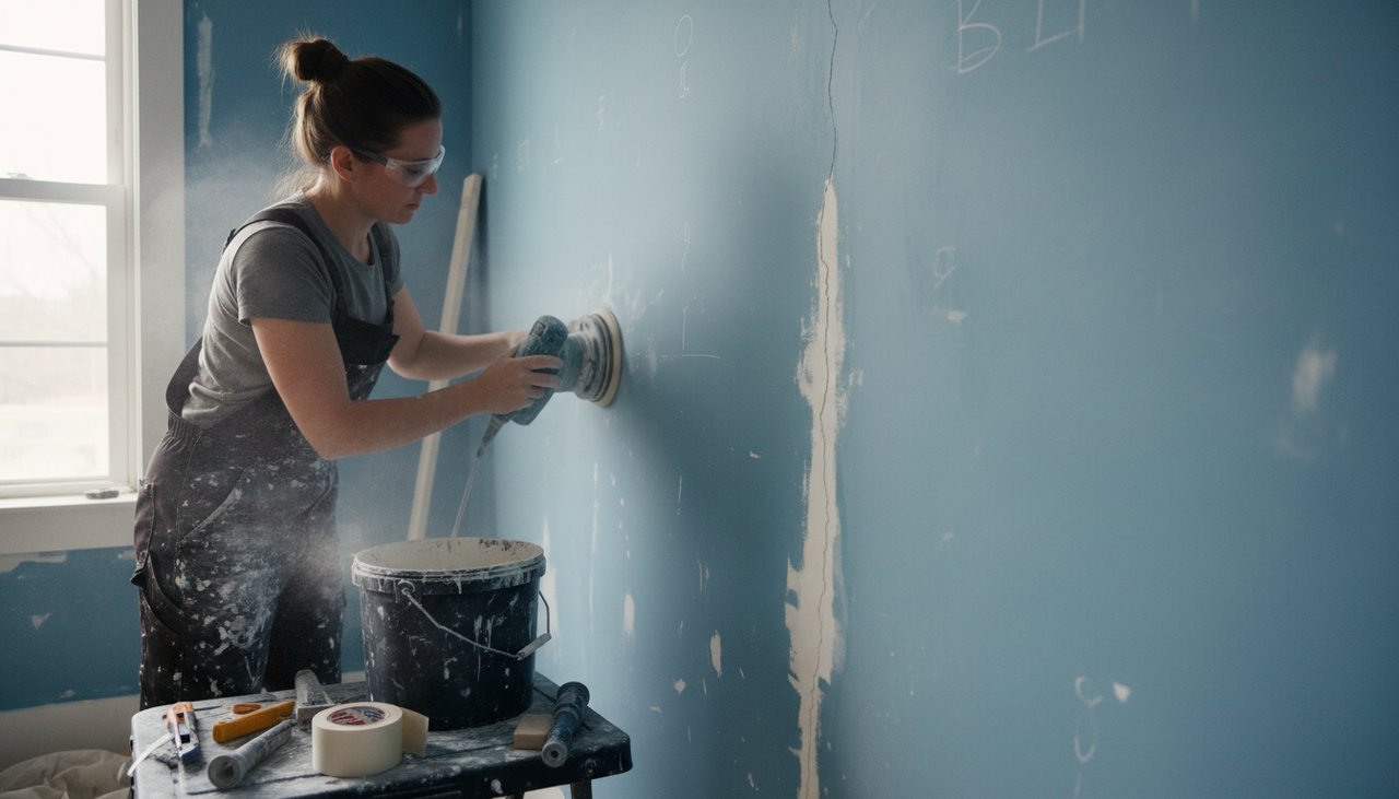 Ponçage et rebouchage d'un mur avant peinture par un artisan peintre