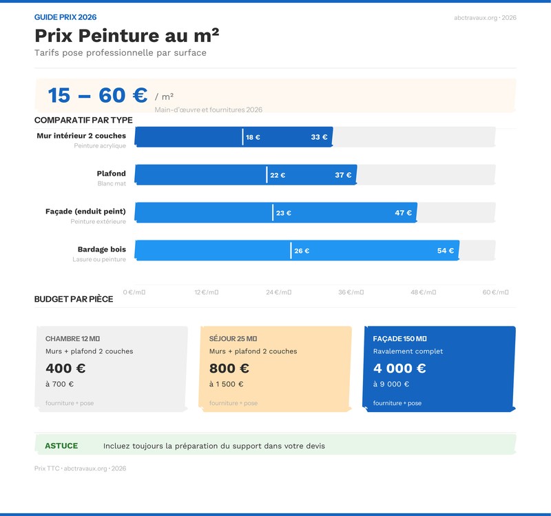 Infographie comparatif prix peinture au m² intérieur et extérieur 2026
