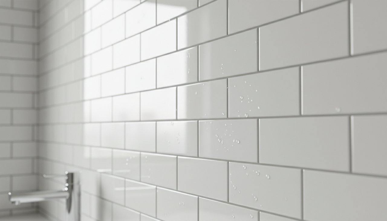 Détail de carreaux de faïence blanche avec joints fins sur un mur de salle de bain