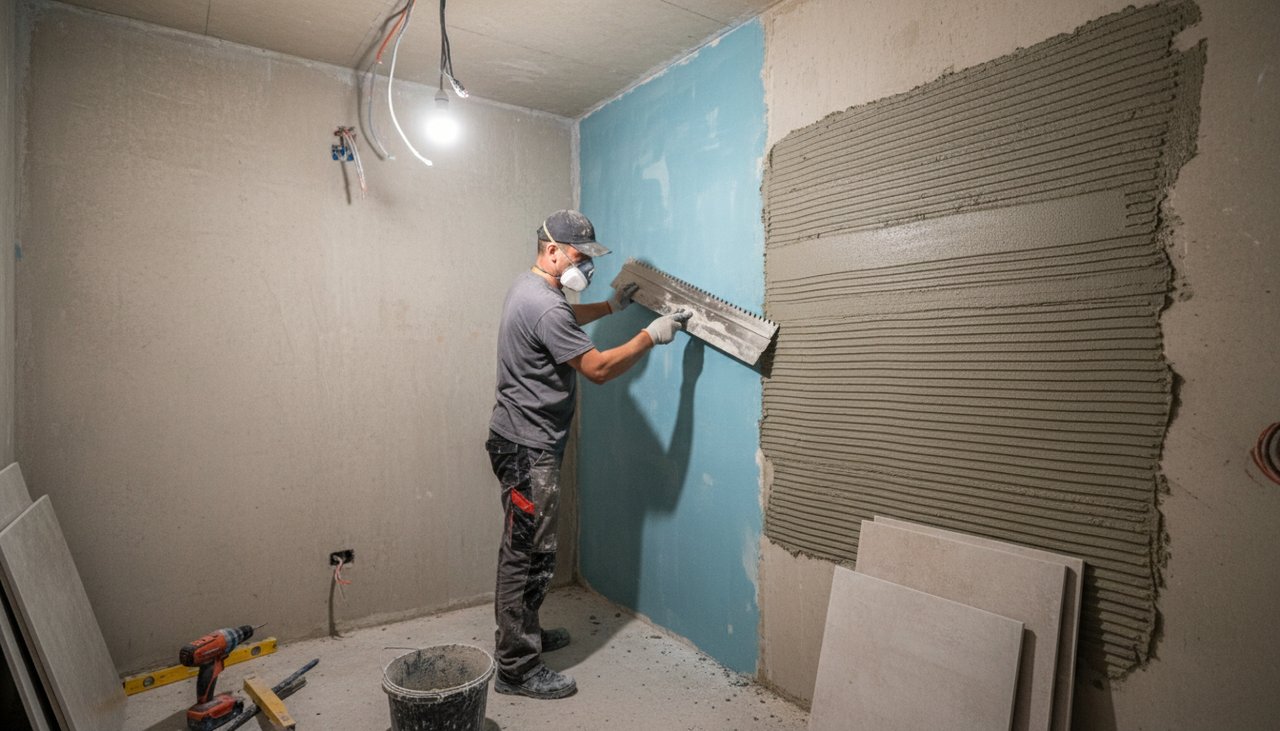 Préparation d'un mur avec enduit et application de la colle à carrelage avant la pose