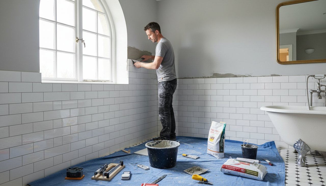 Artisan carreleur posant de la faïence blanche dans une salle de bain moderne