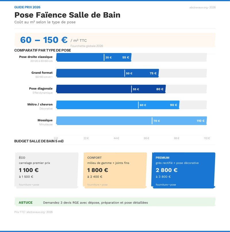 Infographie comparatif prix pose faïence salle de bain par type en 2026