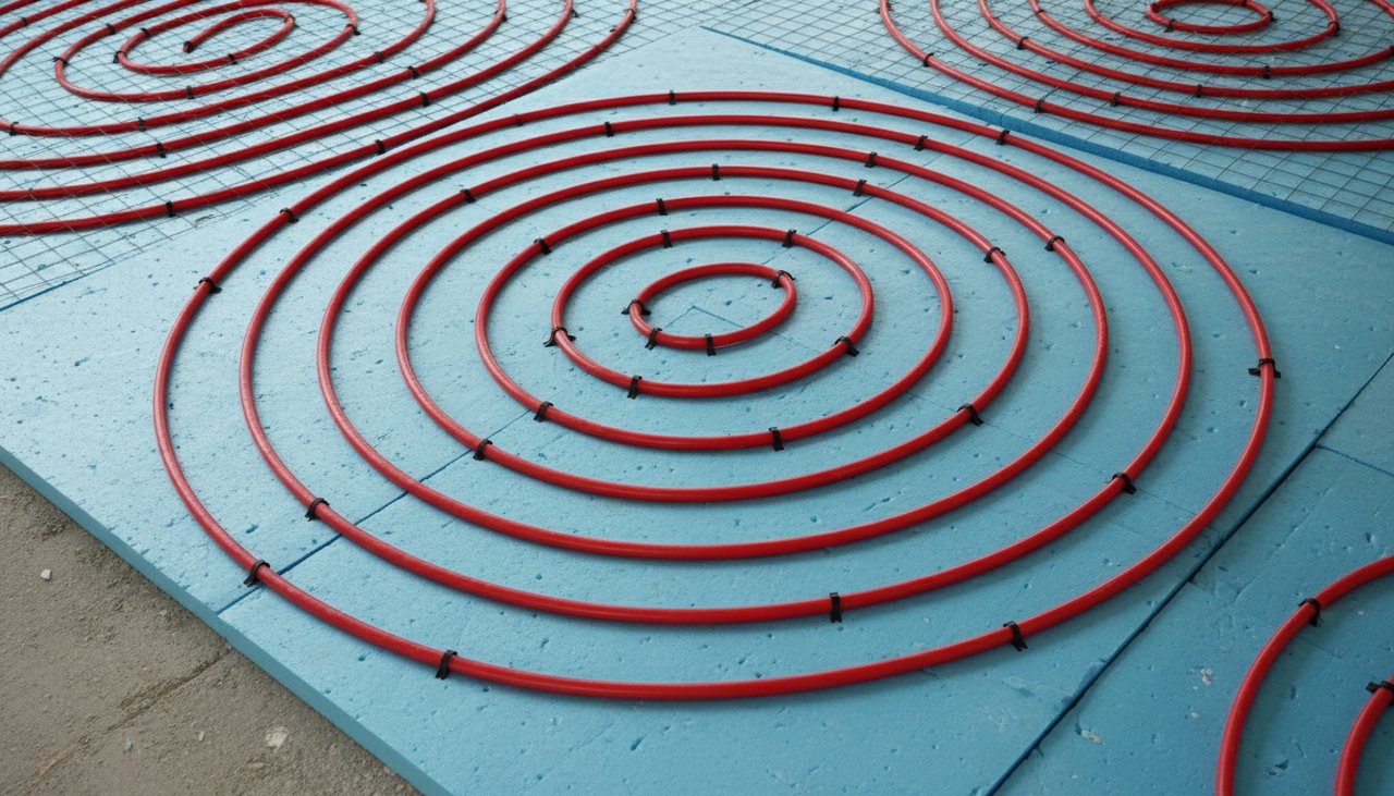 Tubes PER rouges d'un plancher chauffant hydraulique disposés sur un isolant avant coulage de la chape
