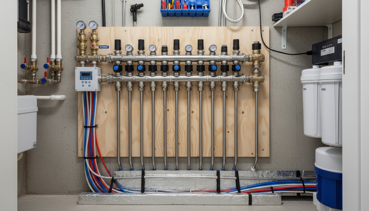 Collecteur hydraulique d'un plancher chauffant avec vannes de régulation en inox