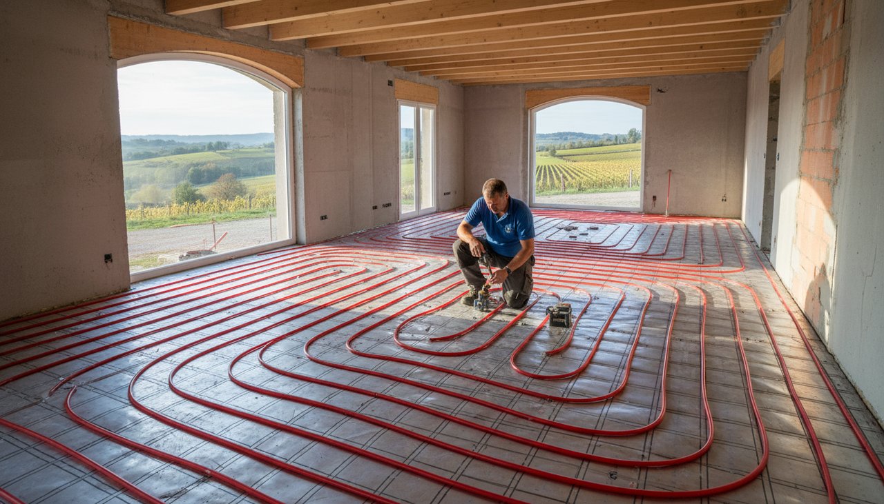 Installation d'un plancher chauffant hydraulique par un artisan chauffagiste dans une maison neuve