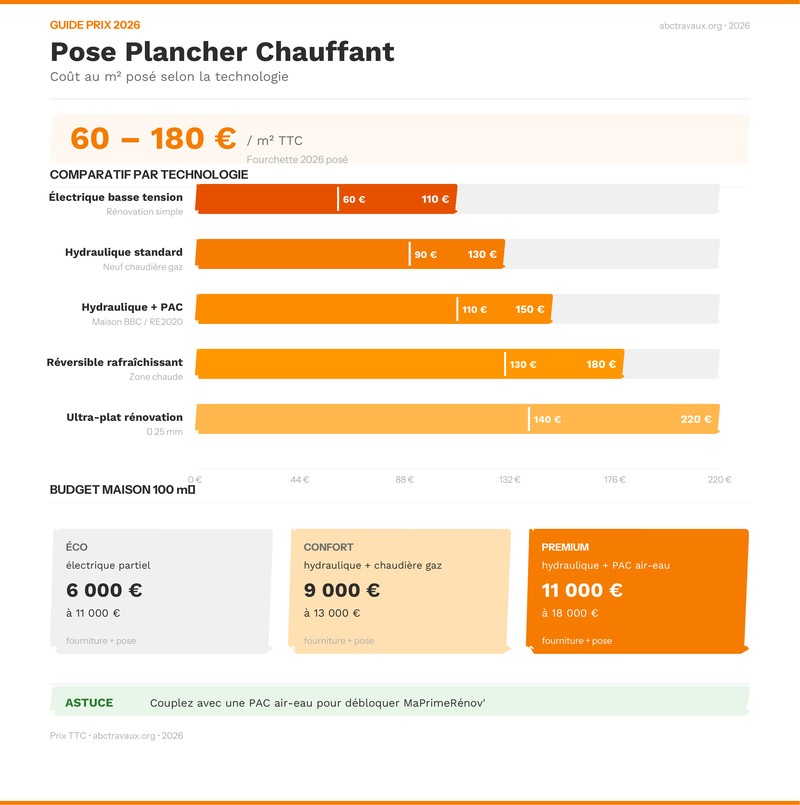 Infographie comparatif prix plancher chauffant électrique vs hydraulique en 2026