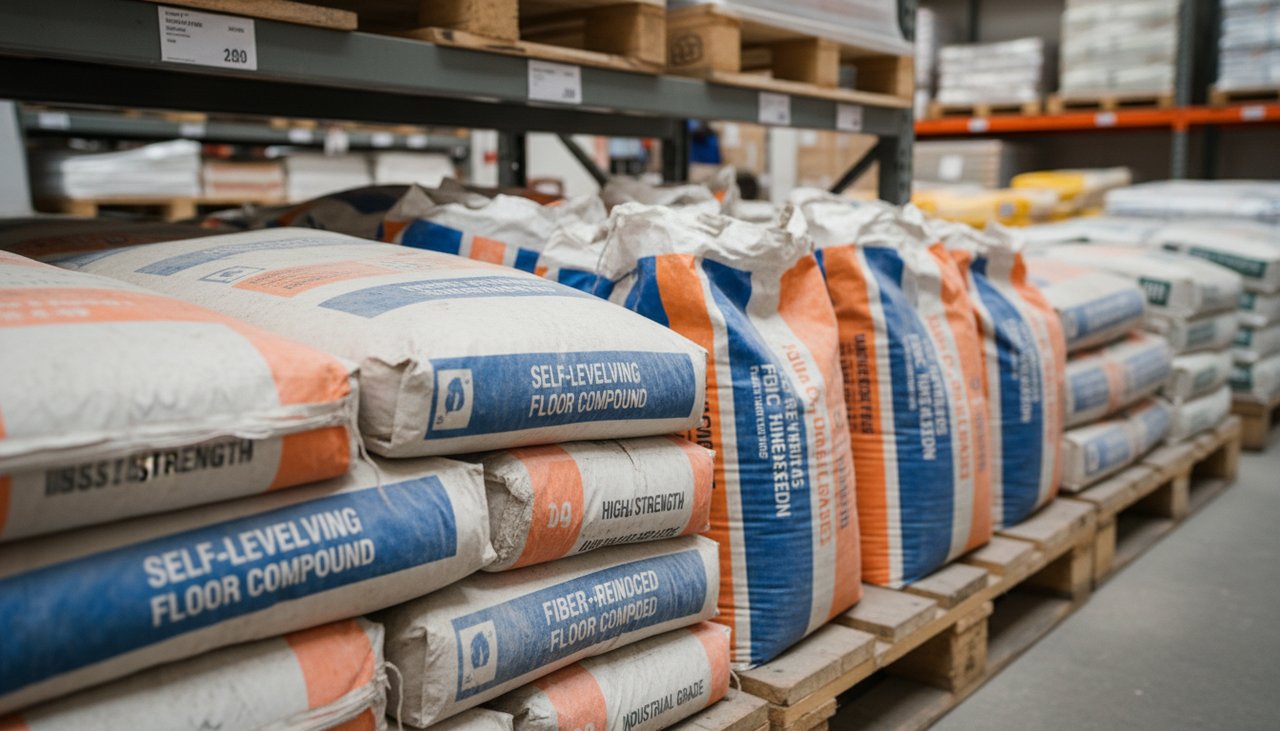 Sacs de ragréage auto-lissant et fibré dans un négoce de matériaux de construction