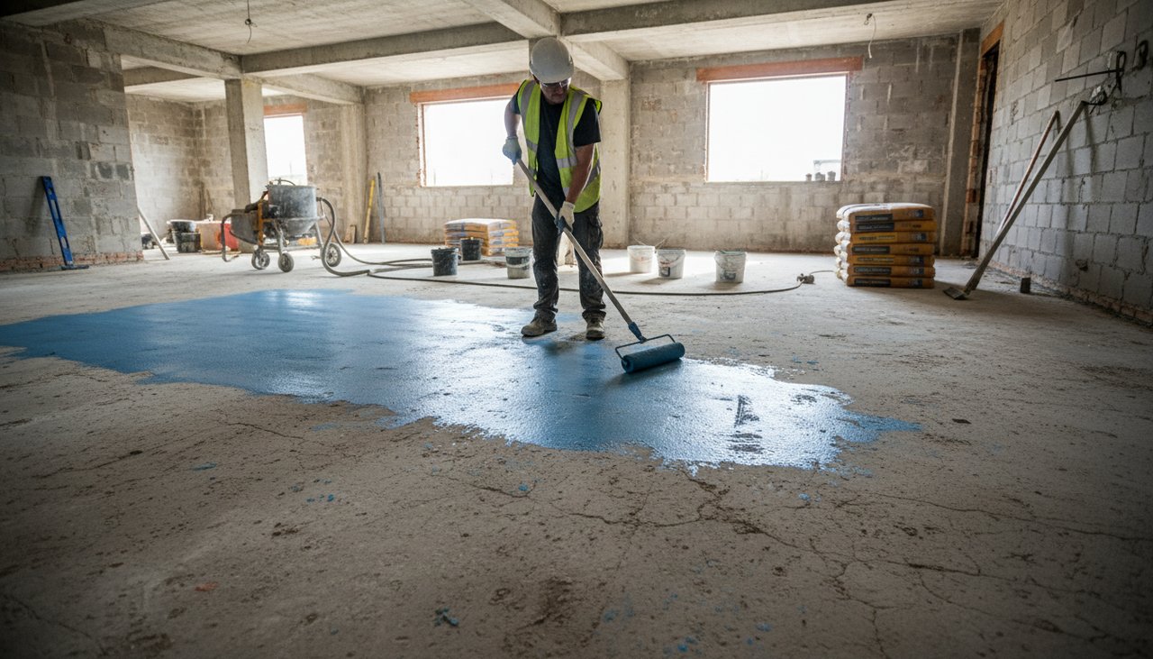Application de primaire d'accrochage avant ragréage sur un sol béton préparé
