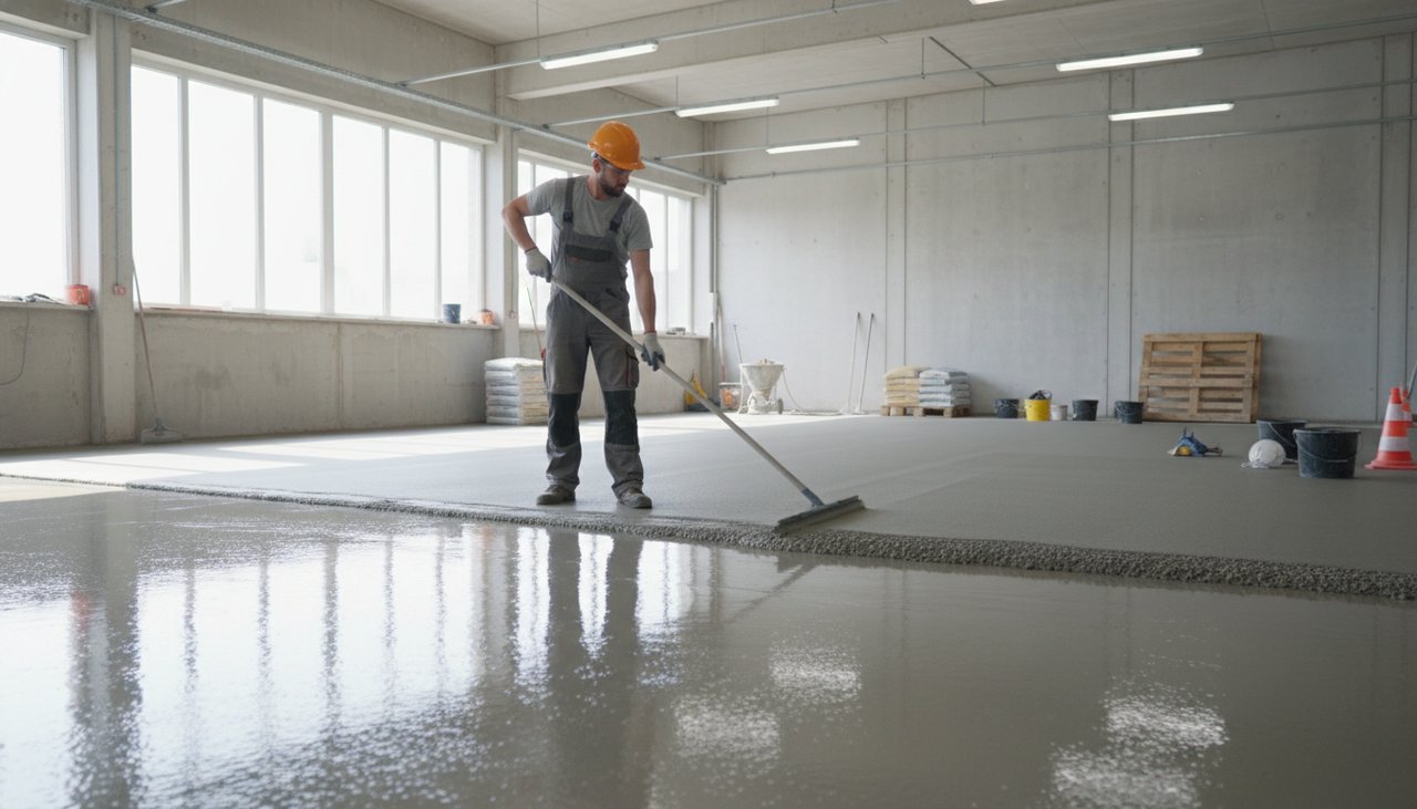 Ouvrier appliquant un ragréage auto-lissant sur un sol en béton brut