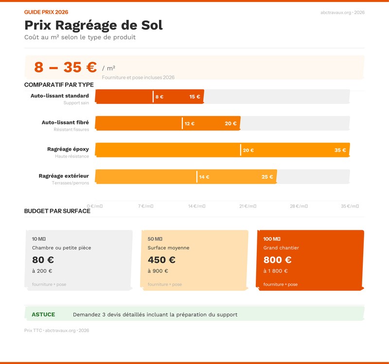 Infographie comparatif prix ragréage au m² par type de produit 2026