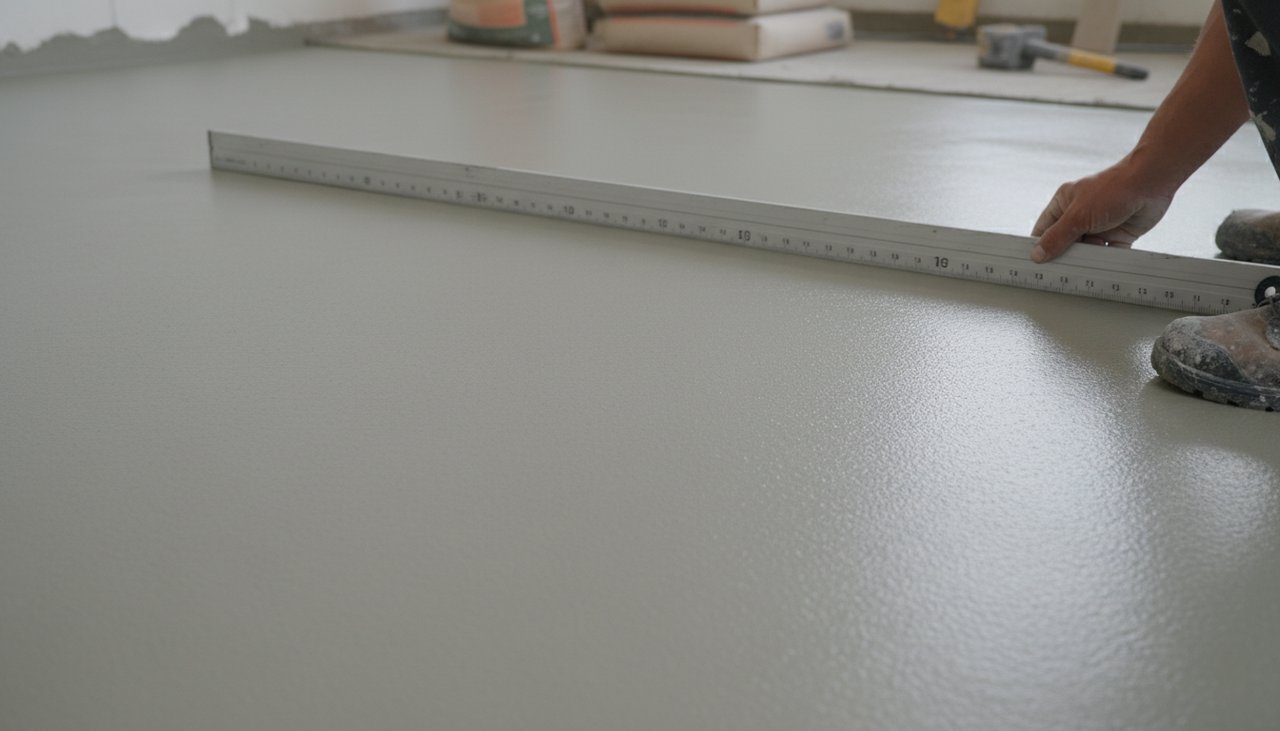 Sac de ragréage auto-lissant et outil raclette d'application professionnel sur chantier