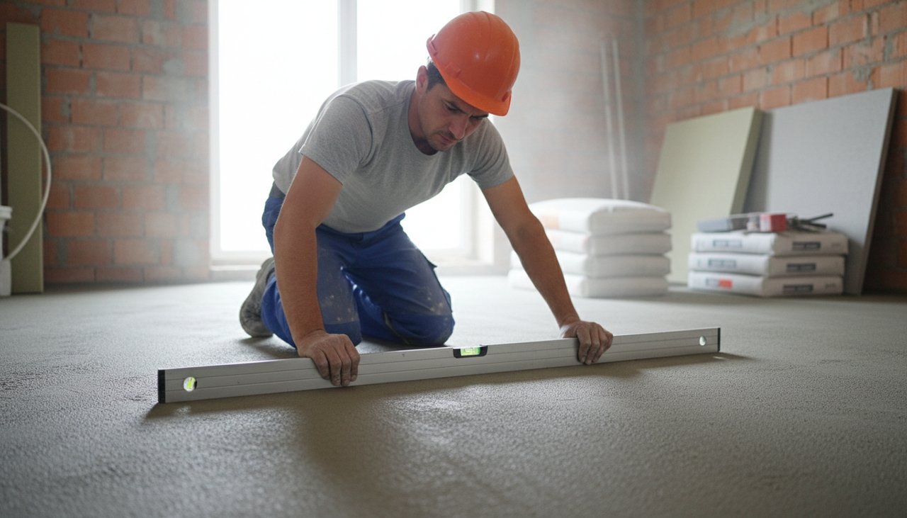 Professionnel vérifiant la planéité d'un sol après ragréage avec une règle