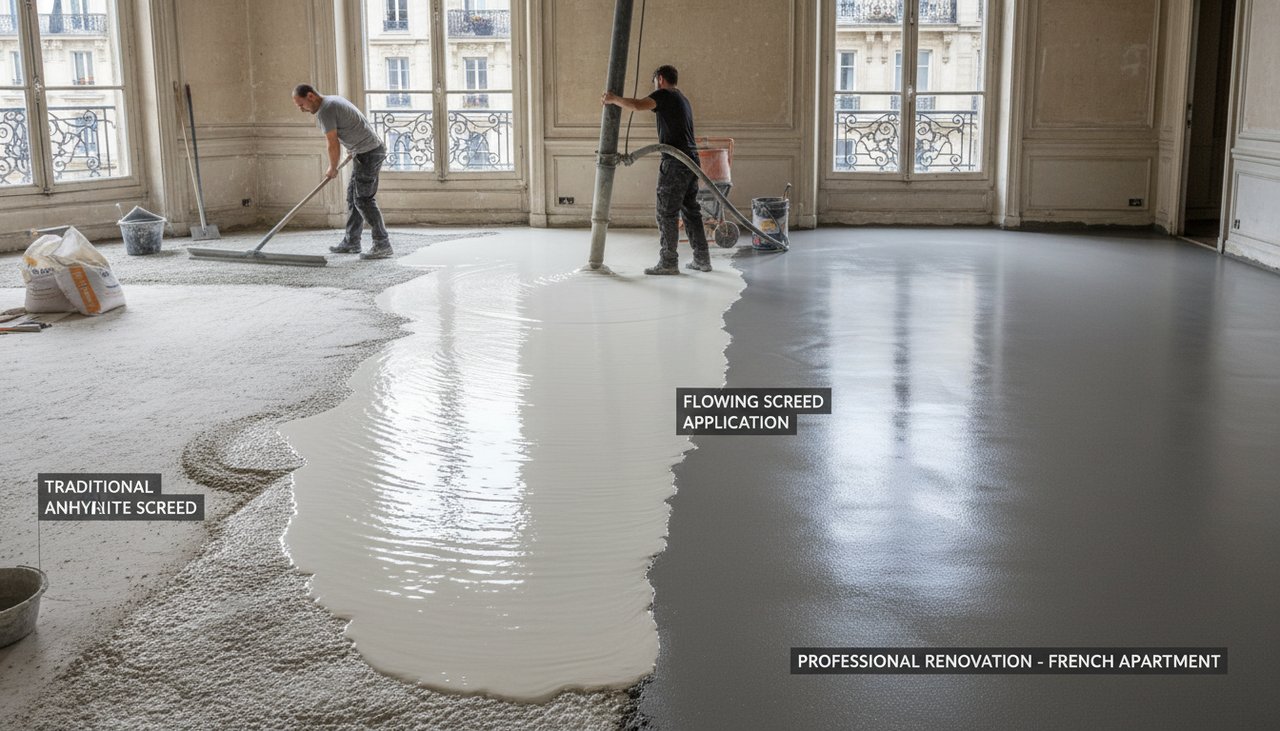 Professionnel du bâtiment nivelant un ragréage fibré dans une pièce en cours de rénovation