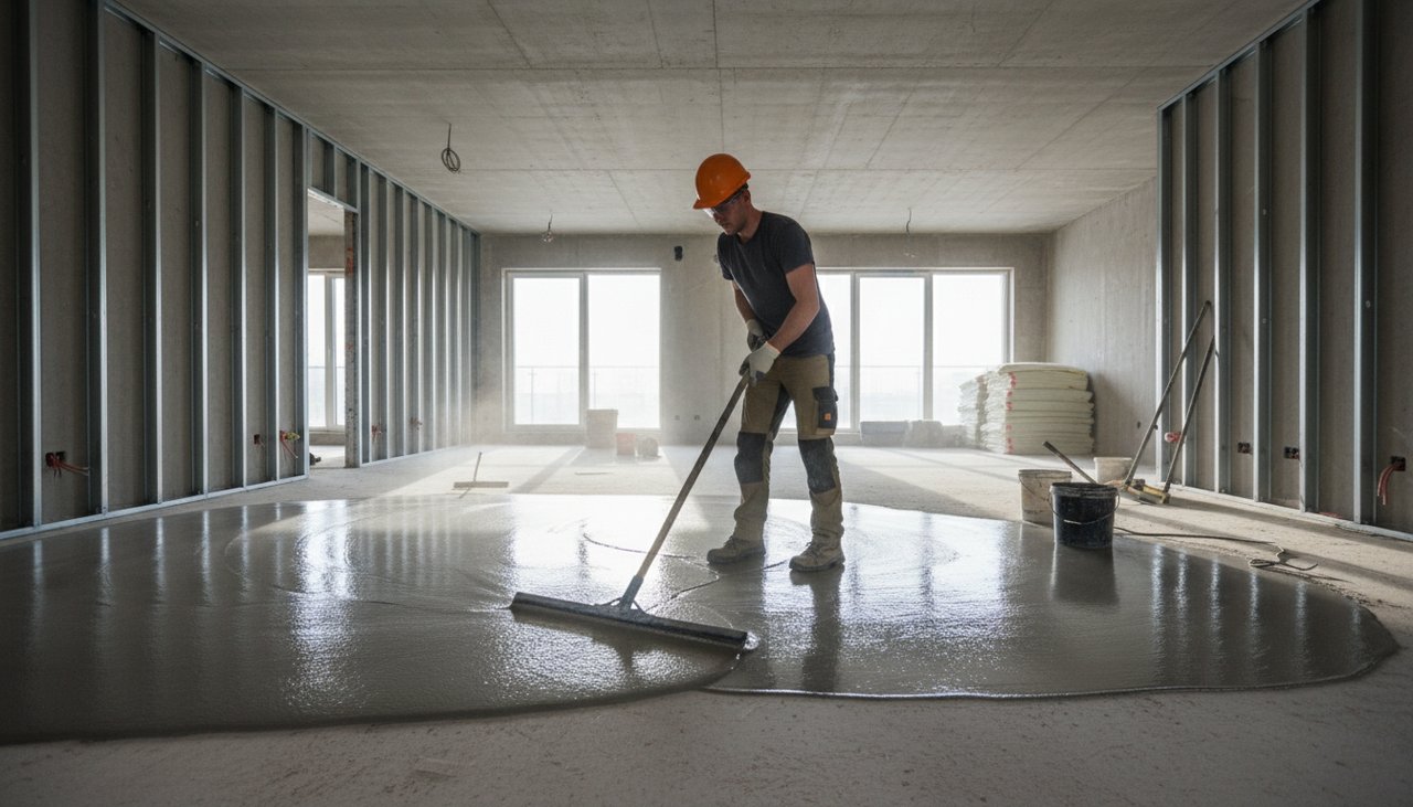 Application de ragréage sur sol en béton par un professionnel