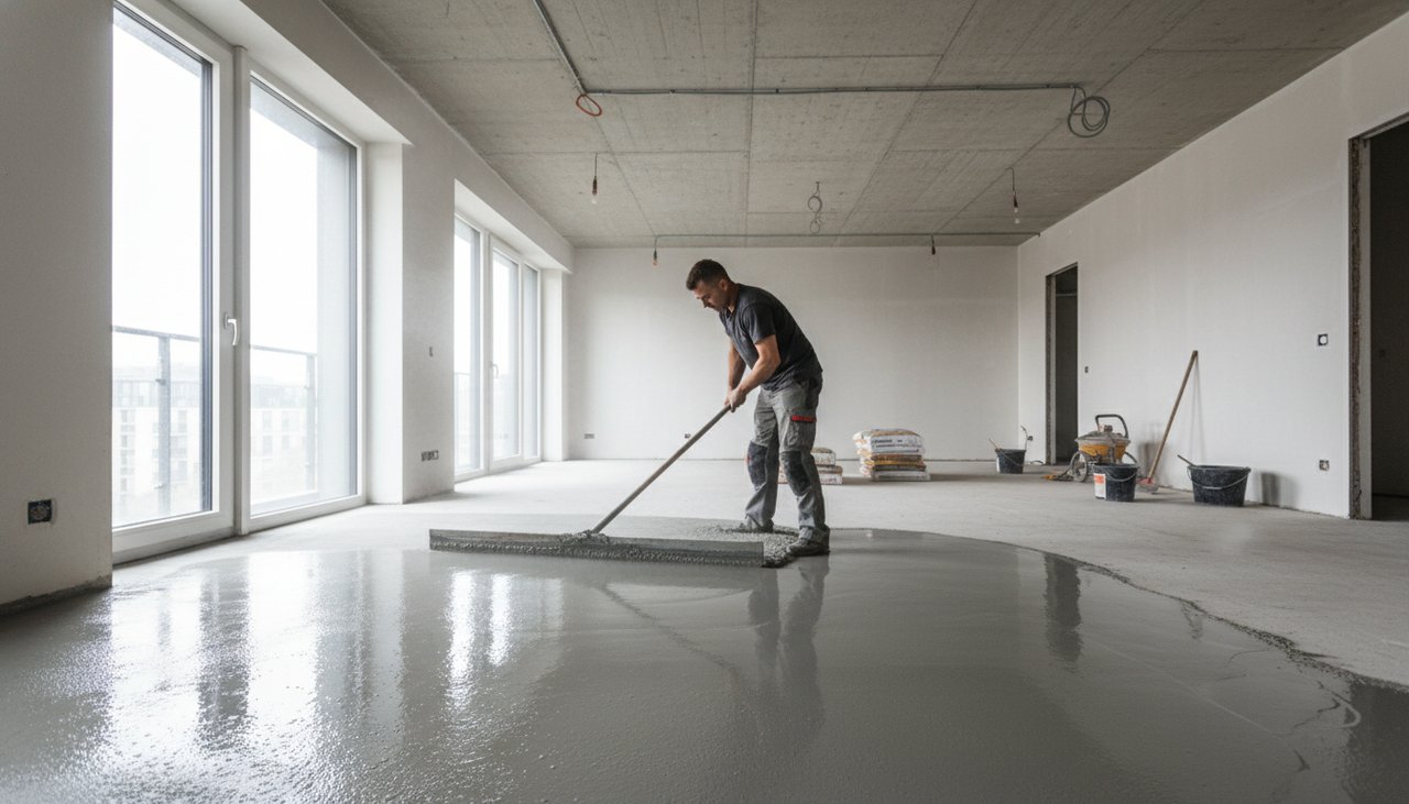 Artisan appliquant un ragréage auto-lissant sur un sol béton en rénovation, vue large