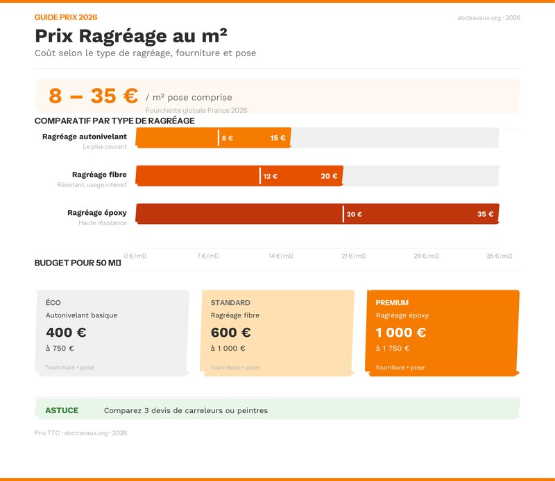 Infographie prix ragréage au m2 selon le type, comparatif 2026