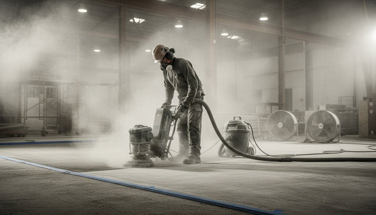 Professionnel préparant un sol avant application de résine époxy