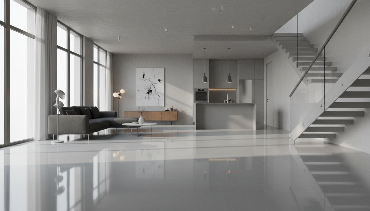 Sol en résine époxy brillant gris clair dans un loft contemporain