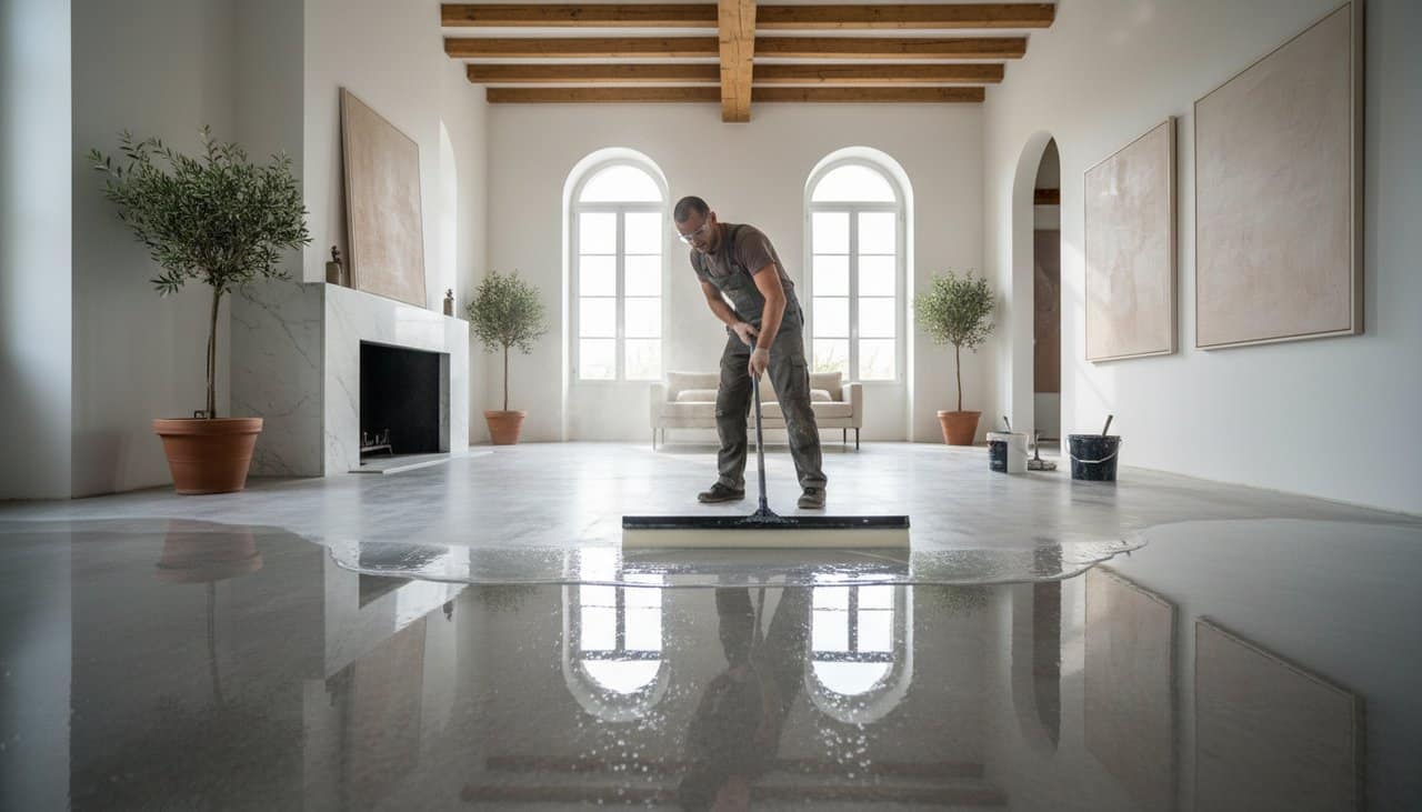 Application professionnelle de résine de sol dans un intérieur moderne