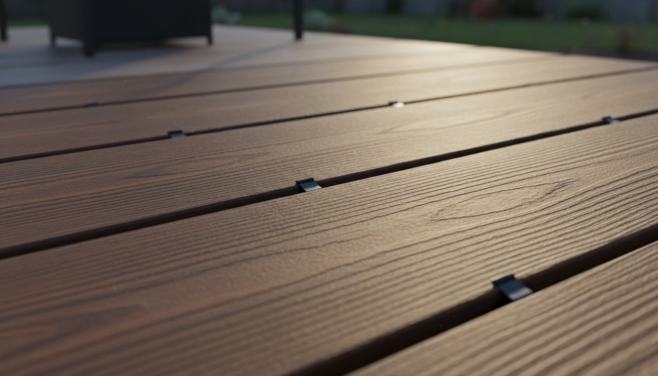 Gros plan sur des lames de terrasse composite couleur bois naturel avec fixations invisibles