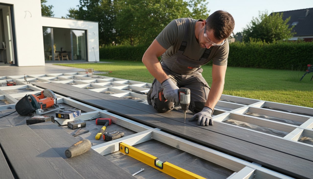 Terrasse composite en construction avec lambourdes et lames partiellement posées