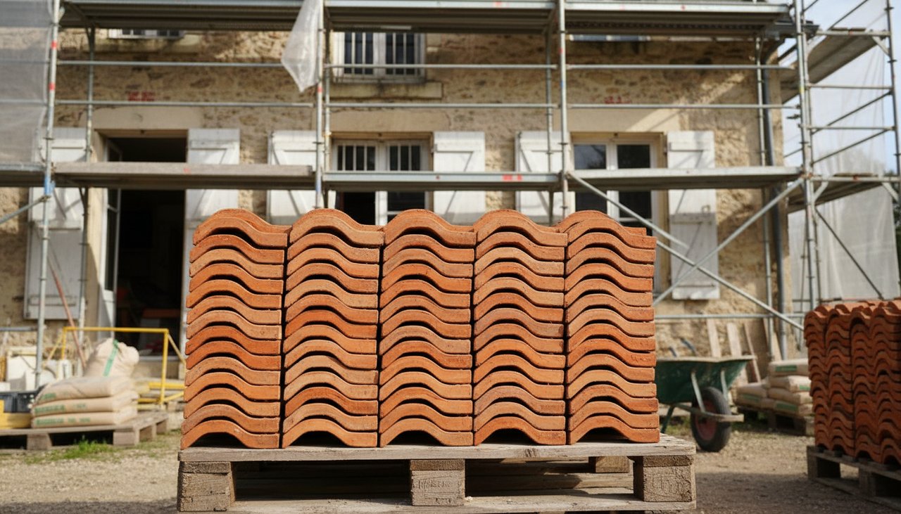Gros plan sur des tuiles en terre cuite neuves empilées sur une palette devant une maison en rénovation
