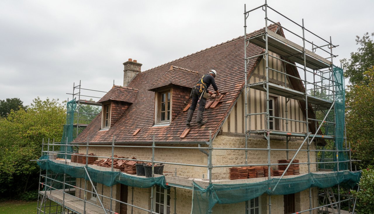Couvreur travaillant sur un échafaudage installé autour d'une maison à deux étages avec une toiture à pente forte