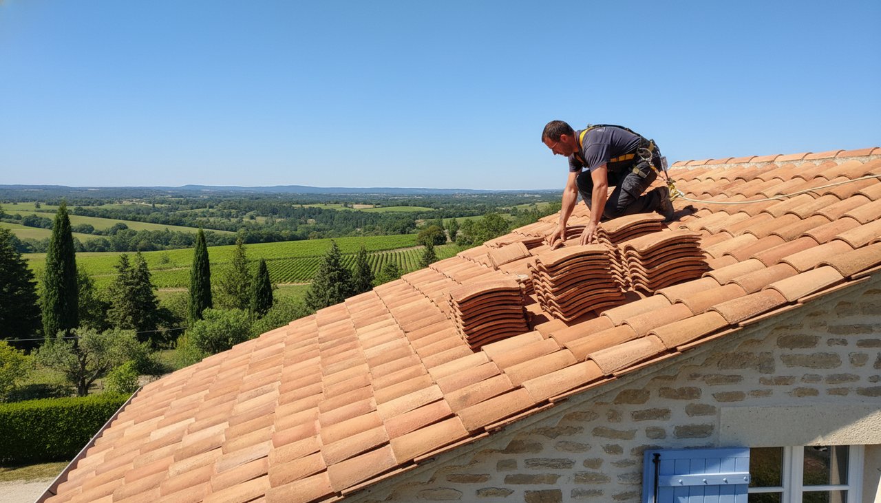 Couvreur professionnel posant des tuiles en terre cuite rouge sur une toiture traditionnelle française sous un ciel bleu dégagé