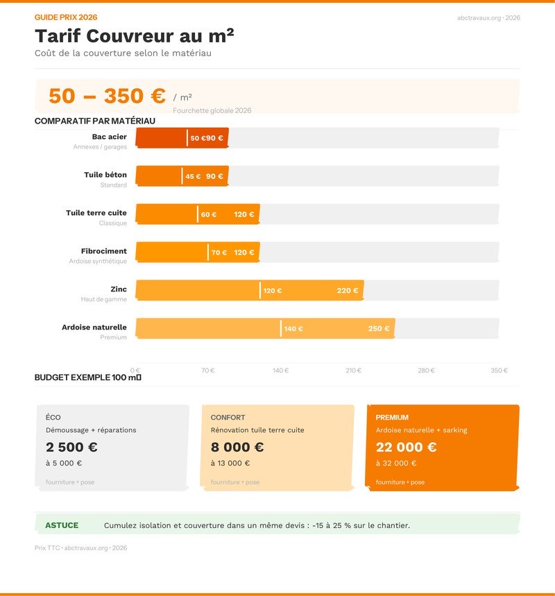 Infographie comparant les prix d'un couvreur au m² par matériau de couverture en 2026